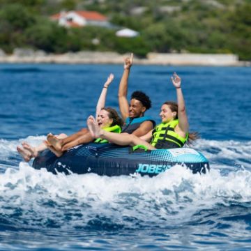 Crew Demonstrating The Compact Footprint And Easy Storage Of The Jobe Sports Rumble 3 Towable Tube Towable Inflatable