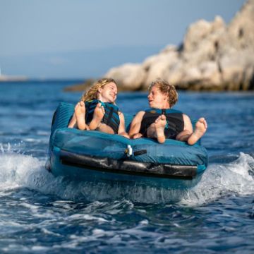 Crew Demonstrating The Compact Footprint And Easy Storage Of The Jobe Sports Switch 2 Towable Tube Towable Inflatable