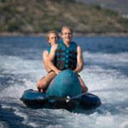 Crew Demonstrating The Compact Footprint And Easy Storage Of The Jobe Sports Chaser 2 Towable Tube Towable Inflatable
