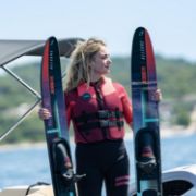 Crew Demonstrating The Compact Footprint And Easy Storage Of The Jobe Sports Allegre 67 Water Skis