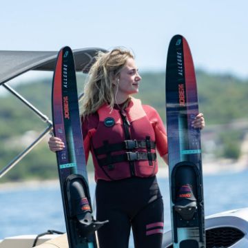 Crew Demonstrating The Compact Footprint And Easy Storage Of The Jobe Sports Allegre 67 Water Skis