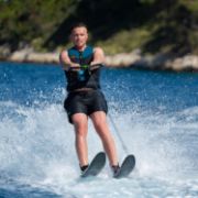 The Jobe Sports Allegre 67 Water Skis Arranged On A Superyacht Beach Club Platform