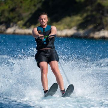 The Jobe Sports Allegre 67 Water Skis Arranged On A Superyacht Beach Club Platform