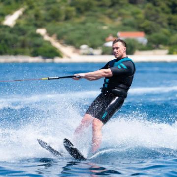 The Jobe Sports Allegre 67 Water Skis Arranged On A Superyacht Beach Club Platform