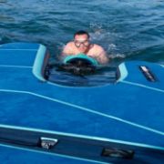 Guests Enjoying The Yacht Toys Oasis Collection Mexico On The Ocean, Full Beach Club Deck Extender Package. Light And Easy To Set Up And Pack Away. Each Item Has Its Own Strong Pvc Storage Bag. Includes High-Capacity Rechargeable Pump.