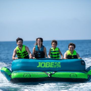 Crew Demonstrating The Compact Footprint And Easy Storage Of The Jobe Sports Binar Towable 4 Towable Tube Towable Inflatable
