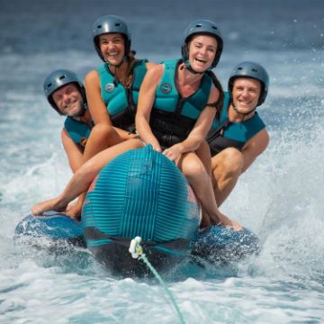 Crew Demonstrating The Compact Footprint And Easy Storage Of The Jobe Sports Chaser Towable 4P Towable Inflatable